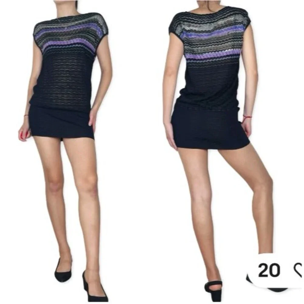 M Missoni Black Striped Zigzag Knit Cap Sleeve Mini Dress/Tunic Top Sz M